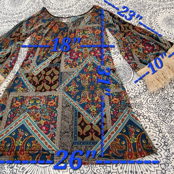 2B Boho Paisley Fringed Bell Sleeve Size Small Mini Dress - Picture 6 of 9